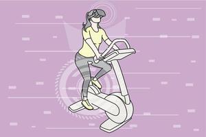 mujer joven montando bicicleta estática mientras usa realidad virtual. ilustración de diseño plano vector