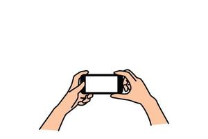 Woman using both hand hold smart phone white screen cartoon flat design. business concept. vector