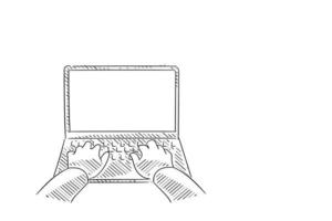 caricatura de un hombre escribiendo en una laptop con pantalla en blanco. boceto dibujado a mano concepto de negocio vector