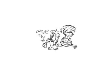 mujer de negocios musulmana de escape corriendo con reloj de arena. concepto de fecha límite. diseño de ilustración vectorial de dibujos animados vector
