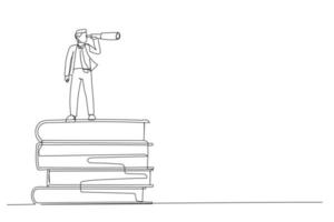 Illustration of businessman on books stack using telescope for good vision. Knowledge or education for future job and personal improvement concept, . One line art style vector