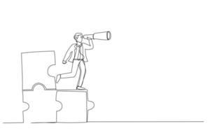 Drawing of businessman standing on uncompleted jigsaw looking for missing piece. Finding solution concept. Single line art style vector