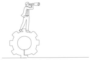 Illustration of businessman standing on gears looks through a telescope.. One line art style vector