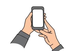 close-up two hands holding and touching smart phone. Mock-up blank screen. Flat vector illustration design line art on white background.