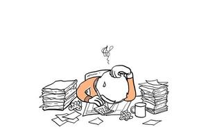 Finance department worker asleep at office desk with pile of document, calculator and coffee. Concept for overworked and burnout. Cartoon vector illustration design