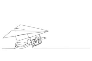 Cartoon of businessman flying paper airplane origami as glider with telescope to see future. Future forecast or discover new idea and inspiration concept. Single continuous line art style vector