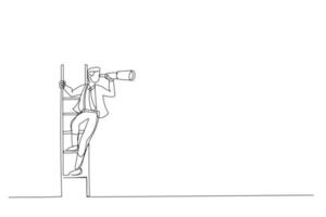 Cartoon of businessman holding a telescope on the stairs looking of success and new business goals. Continuous line art vector