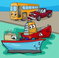 ilustración de dibujos animados de grupo de barcos y vehículos terrestres