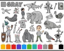 set with cartoon characters and objects in gray vector