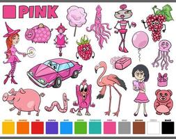 set with cartoon characters and objects in pink vector