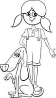 cartoon girl with dog character coloring page vector