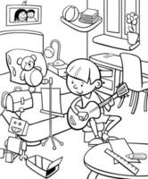 niño tocando la guitarra en su habitación página para colorear de dibujos animados vector