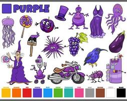 set with cartoon characters and objects in purple vector