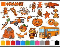 conjunto con personajes de dibujos animados y objetos en naranja vector