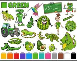 set with cartoon characters and objects in green vector