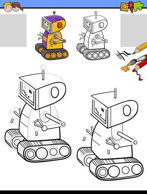 drawing and coloring task with comic robot character