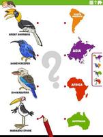 match cartoon bird species and continents educational task vector