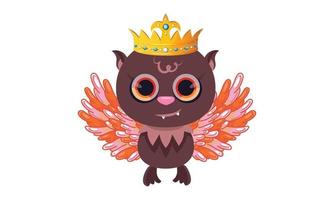 Cute cartoon bird character with its beautiful wings and crown, vector illustration on white background