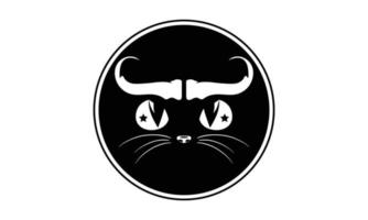 Black  white cat head with cute horns. Symbol, logo illustration. Vector graphics pet collection