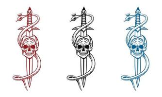 Tattoo design with skull sword and snake. Skeleton head and sword vector illustration in white background