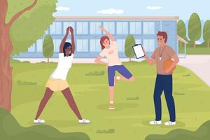 PE class outside of school flat color vector illustration