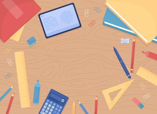 Wooden desk top with stationery essentials flat color vector background template