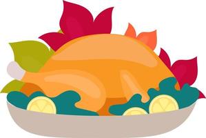 Roast turkey with lemon semi flat color vector object. Full sized item on white. Preparing dish for Thanksgiving dinner. Simple cartoon style illustration for web graphic design and animation