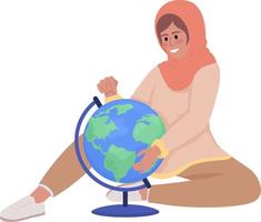 Excited girl studying 3d Earth globe semi flat color vector character. Editable figure. Full body person on white. Education simple cartoon style illustration for web graphic design and animation