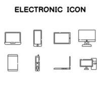 dispositivos electrónicos y dispositivos de medios como computadoras y portátiles, estilos de línea, iconos en un fondo blanco vector