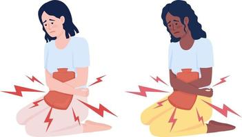 Women using heating pad for cramps semi flat color vector character set