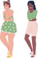 Young women hugging themselves semi flat color vector characters set. Editable figure. Full body people on white. Simple cartoon style illustration for web graphic design and animation collection