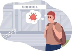 Covid anxiety about returning to school 2D vector isolated illustration. Stressed out boy flat character on cartoon background. Colourful editable scene for mobile, website