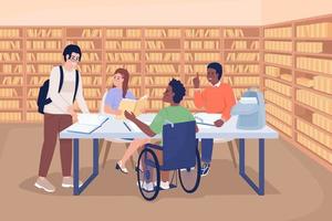 Small group meeting at library flat color vector illustration