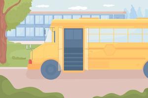 Yellow school bus waiting near school flat color vector illustration