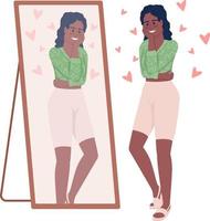 Smiling woman looking in mirror semi flat color vector character