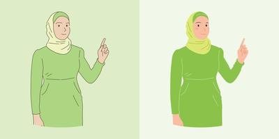 mujer musulmana señalando con el dedo el espacio de la copia, dibujada a mano con ilustraciones de estilo plano y de contorno vector