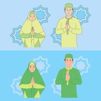 Muslim men and women next to each other, both smiling warmly, hand drawn with flat and outline style illustrations vector