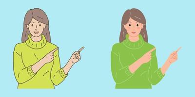 Smiling Young woman wearing a sweater pointing finger at copy space, with flat and outline style illustrations vector