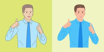 young businessman with two thumbs up hand gesture, with flat and outline style illustrations vector