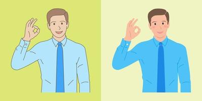 joven hombre de negocios con gesto de mano de signo ok, con ilustraciones planas y de estilo de contorno vector