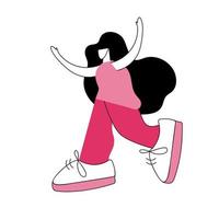 feliz joven personaje lindo mujer en pantalones anchos con pelo negro camina. ilustración de vector plano coloreado de gente de moda. concepto de actividad al aire libre