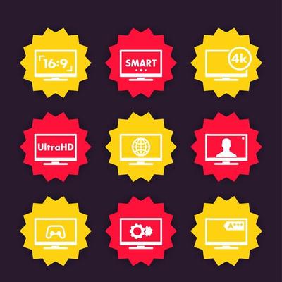 TV icons, 4k screen, ultra hd, smart tv, aspect ratio vector labels