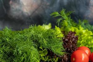 Fresh vegetables for salad. Tomatoes and lettuce, cucumbers with zucchini and cabbage with dill. Spring harvest, benefits and vitamins. On a dark background. photo