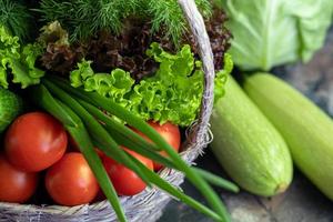 Fresh vegetables for salad in a basket. Tomatoes and cucumbers with zucchini and cabbage with dill. Spring harvest, benefits and vitamins. On a dark background. photo
