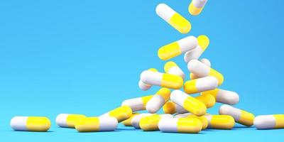 cápsulas de píldoras de medicina que caen con fondo azul, atención médica y antecedentes médicos de ilustración 3d foto