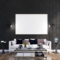 maqueta de un marco de afiche en un interior moderno con piso de madera, fondo de pared de concreto, estilo escandinavo, estilo loft, presentación en 3d, foto