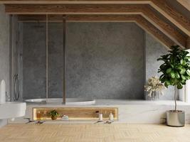 Modern loft bathroom interior design with wall concrete and wooden floor.