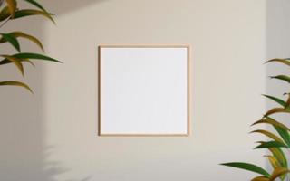 Clean and minimalist front view square wooden photo or poster frame mockup hanging on the wall with blurry plant. 3d rendering.