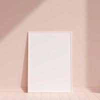 maqueta de marco de póster o foto blanca vertical de vista frontal limpia y minimalista apoyada contra la pared con sombra. representación 3d