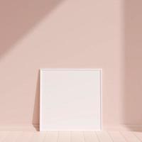 Clean and minimalist front view square white photo or poster frame mockup leaning against the wall with shadow. 3d rendering.